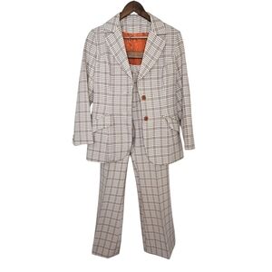 H Bar C Ranchwear Beige & Brown Checkered Pantsuit W/ Flair Pleated Pant Sz S